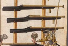 Kitámasztott, 16. század eleji szakállas puskák és a fegyvert elsütő katonák. (Forrás: Zeugbuch Kaiser Maximilians I)
