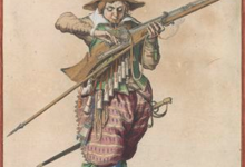 16-17. századi, lőfegyverét töltő gyalogos puskás (Forrás: Jacques de Gheyn II: Wapenhangdelinghe van Roers 1607 c. rézmetszet gyűjteménye alapján készült nyomtatvány)