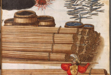 fegyverábrázolások: lőpor, lőporos hordók, lándzsahegyek, pikák és pikát emelő gyalogos. (Forrás: Zeugbuch Kaiser Maximilians I)