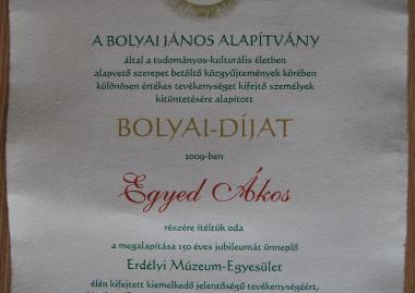 Bolyai díj Egyed Ákos akadémikusnak
