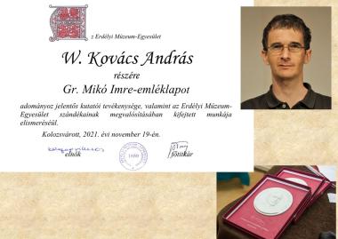W. Kovács András tudományos kutatót Gr. Mikó Imre-emléklappal tüntették ki