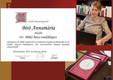 Biró Annamáriát Gr. Mikó Imre-emléklappal tüntették ki