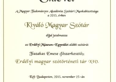 Kiváló szótár díjat kapott az Erdélyi magyar szótörténeti tár XIV. kötete