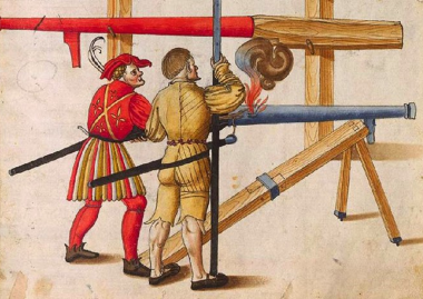 szakállas puskát elsütő katonák (Forrás: Zeugbuch Kaiser Maximilians I)