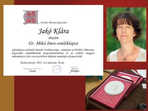Jakó Klárát Gr. Mikó Imre-emléklappal tüntették ki