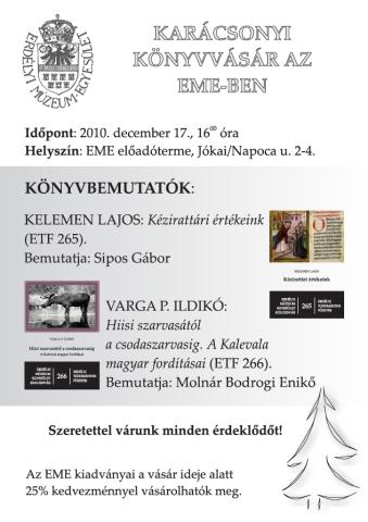 Karácsonyi könyvbemutatók és könyvvásár az EME-ben