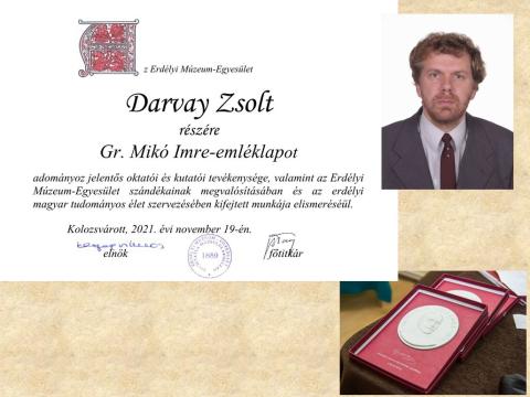 Darvay Zsolt matematikust Gr. Mikó Imre-emléklappal tüntették ki