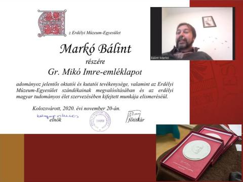 Markó Bálintot, a BBTE rektorhelyettesét Gr. Mikó Imre-emléklappal tüntették ki