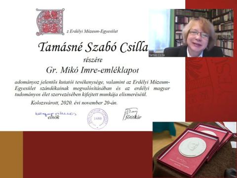 Tamásné Szabó Csilla tudományos kutatót  Gr. Mikó Imre-emléklappal tüntették ki