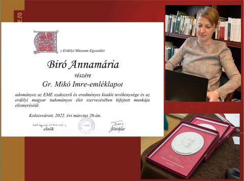 Biró Annamáriát Gr. Mikó Imre-emléklappal tüntették ki