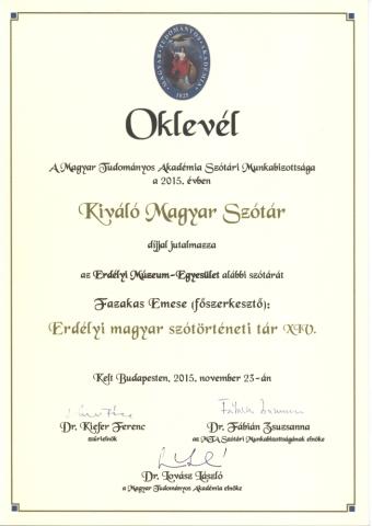 Kiváló szótár díjat kapott az Erdélyi magyar szótörténeti tár XIV. kötete