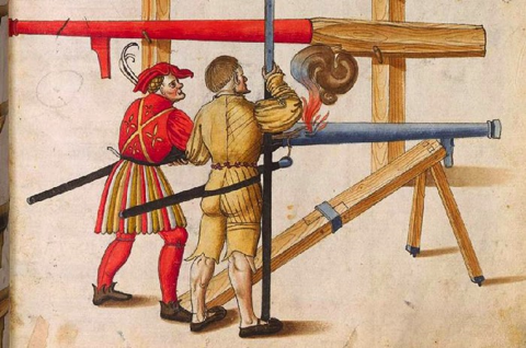 szakállas puskát elsütő katonák (Forrás: Zeugbuch Kaiser Maximilians I)